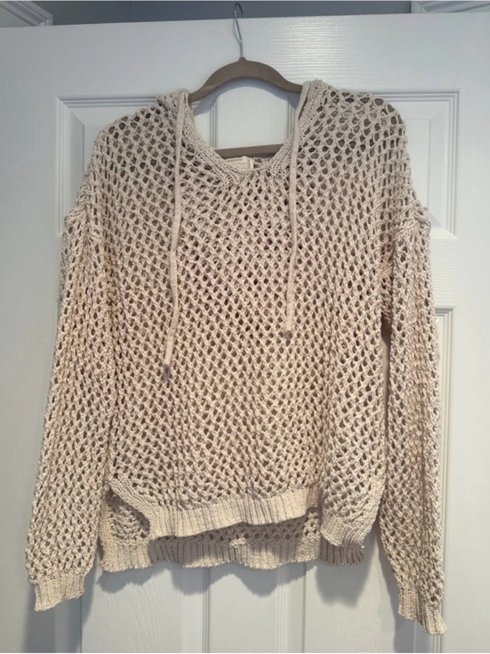 Nicole Miller Open-Knit Cream Hooded Sweater